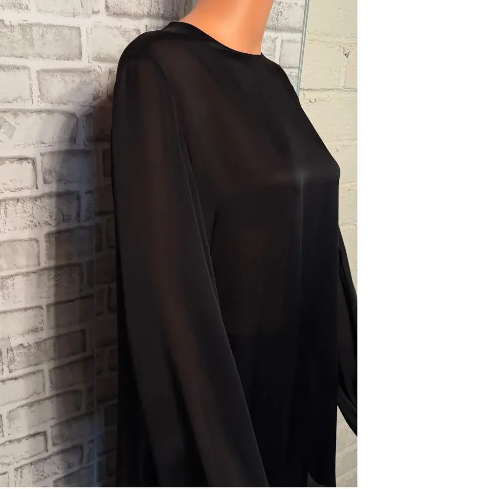 The Row Silk Sheer Tunic Top XS Black Open Back w/ Ties Bishop Sleeves Hi-Low